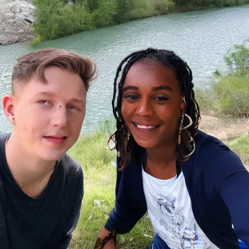 Image similar to a queer human named river sitting next to their friend who is also named river by a river