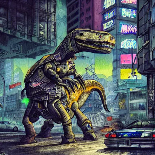 Image similar to hyper-detailed, intricate, full colour watercolor of a mecha dinosaur standing at a ghetto street corner with graffiti in the background, night, city, dark, cyberpunk, 240z, r34, impreza