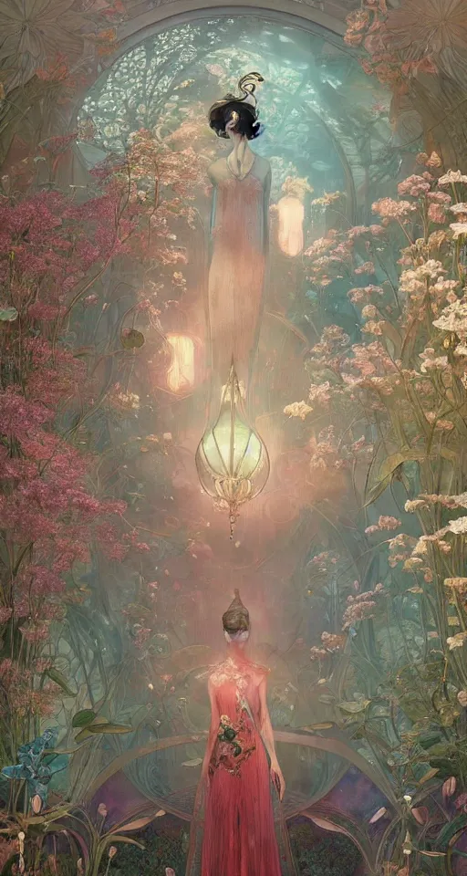 Image similar to a princess in the flower room, the light beam shines through the window, elegant, smooth, sharp focus, award - winning, masterpiece, style of tom bagshaw, cedric peyravernay, peter mohrbacher, louis comfort tiffany, victo ngai, james jean, pinterest, 4 k hd hyperdetailed illustrative wallpaper, chinese style