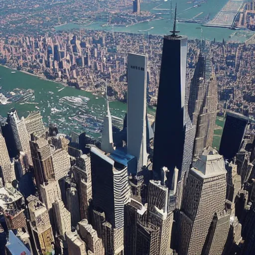 Prompt: a plane flying by the twin towers in New York city