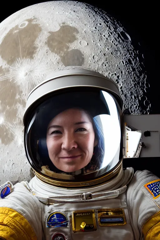 Prompt: extremely detailed studio portrait of space astronaut taking a selfie, holds a smart phone in one hand, phone!! held up to visor, reflection of phone in visor, moon, extreme close shot, soft light, golden glow, award winning photo by jimmy nelson