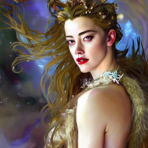 Image similar to hyperrealistic portrait of a woman as amber heard as the winter witch wearing white swan dress long feathers and sapphire jewellery by jeremy mann and alphonse mucha, fantasy art, photo realistic, dynamic lighting, artstation, poster, volumetric lighting, very detailed faces, 4 k, award winning