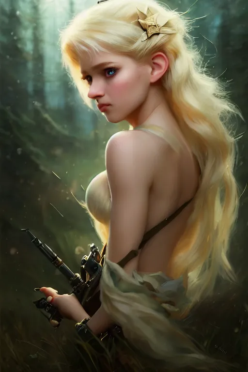 Image similar to cinematic shot of an epic portrait of a cute blonde fairy dressed in military clothes, stylised military clothes, shiny skin, beautiful eyes, beautiful, small details, night setting, realistic poster with volumetric light from craig mallism, artgerm, jeremy lipkin and michael garmash, unreal engine, radiant light, digital art, trends at art station, a masterpiece