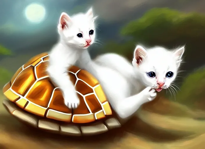 Image similar to white kittens riding turtles ready for battle, cute, digital oil painting, trending on artstation