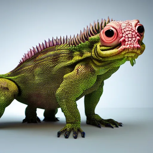 Image similar to a grotesque but cute creature crawling on four legs with weird features, strange feeelrs, coloured scaly skin, looking inquisitively at the camera, 3d render, studio lighting