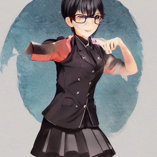 Image similar to luxury advertisement, astonishing portrait of a very beautiful anime schoolgirl with black bob hair, full perfect face, she is dancing. Realistic, highly detailed background, artstation, 120 degree view, drawn by Sasoura, Satchely and Akihiko Yoshida, no distortion