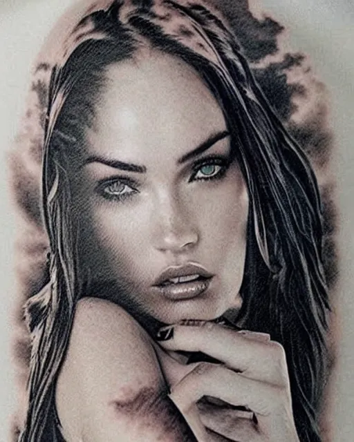 Image similar to creative double exposure effect tattoo design sketch of megan fox with beautiful mountains, realism tattoo, in the style of andrey lukovnikov, amazing detail, sharp