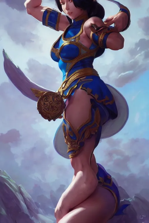 Image similar to beautiful chun li, full body shot, d & d, fantasy, intricate, elegant, highly detailed, digital painting, artstation, concept art, matte, sharp focus, illustration, hearthstone, art by artgerm and greg rutkowski and alphonse mucha