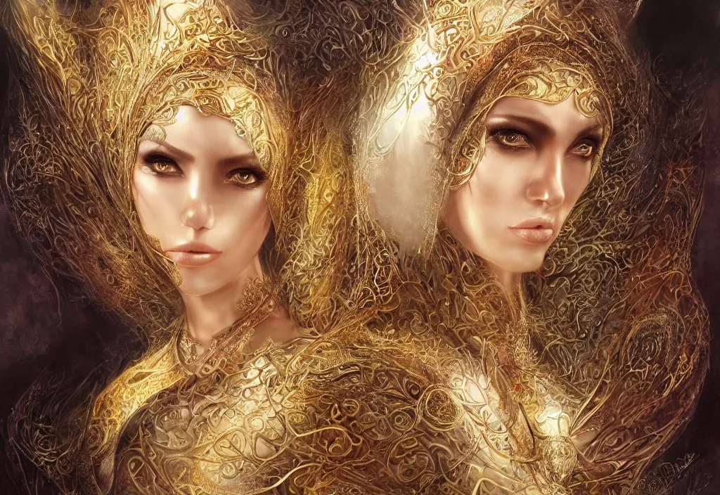 Image similar to a beautiful woman wearing a white niqab made of silk with golden jewelry and diamonds by alex gray and android jones, karol bak, ayami kojima, arabian, concept art, fantasy