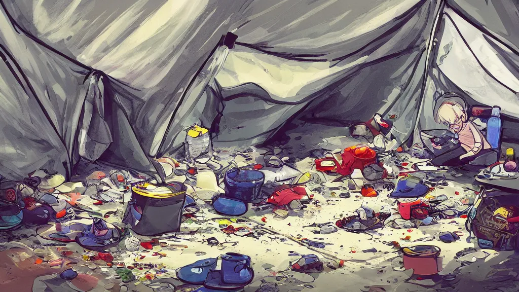 Prompt: an illustration of the inside of a messy camping tent, with a kid sitting in the corner, waste everywhere, high contrast, highly detailed, sharp focus, digital painting, illustration, trending on artstation,