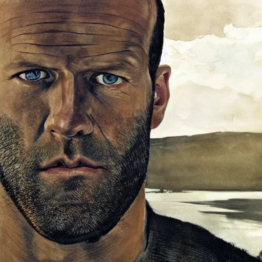 Image similar to high quality, high detail, realistic portrait of jason statham, painted by andrew wyeth, dramatic lighting, cinematic composition