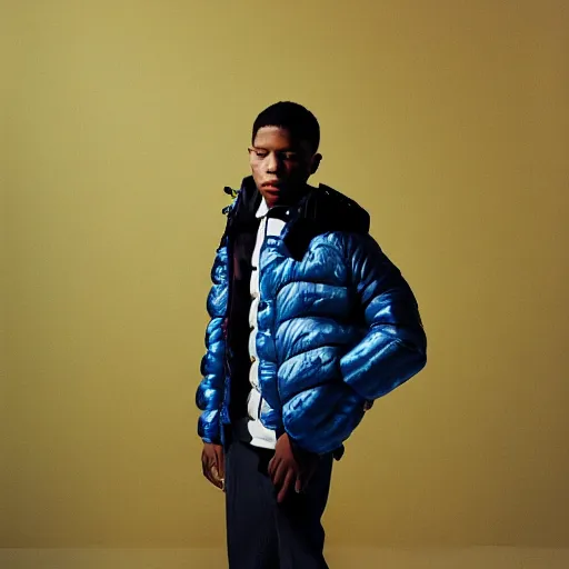Image similar to realistic photoshooting for a new balenciaga lookbook, color film photography, portrait of a beautiful woman, model is wearing a multi layered puffer jacket, photo in style of tyler mitchell, 3 5 mm,