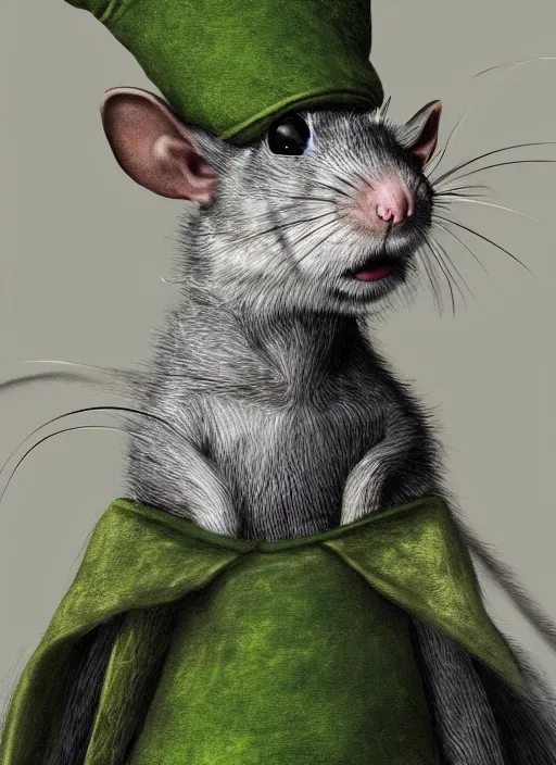 Image similar to gray rat standing on two legs, wearing jewelry, green eyes, tricorne hat, green robe, D&D, digital art, realistic, trending on artstation, 4k