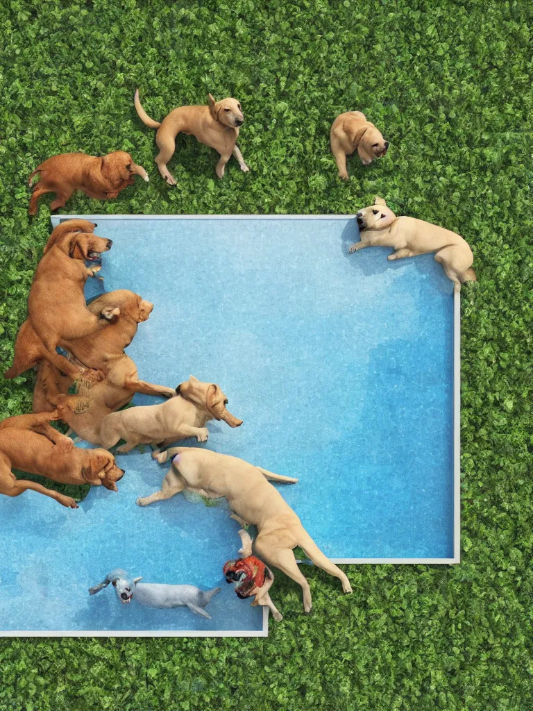 Prompt: team of 3 different sized dogs, escaping modern rich person villa with swimming pool surrounded by climate change forest and wild fire, birds eye view, 3d render, impressionistic