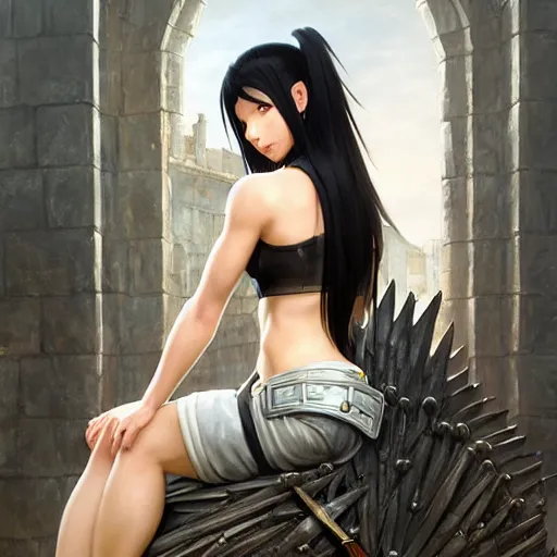 Prompt: a painting of tifa from final fantasy 7, in kings landing from game of thrones, sitting majestic on the iron throne, by greg rutkowski, artgerm, wlop, ruan jia, krenz cushart, alphonse mucha, marble, gold, unreal engine 5