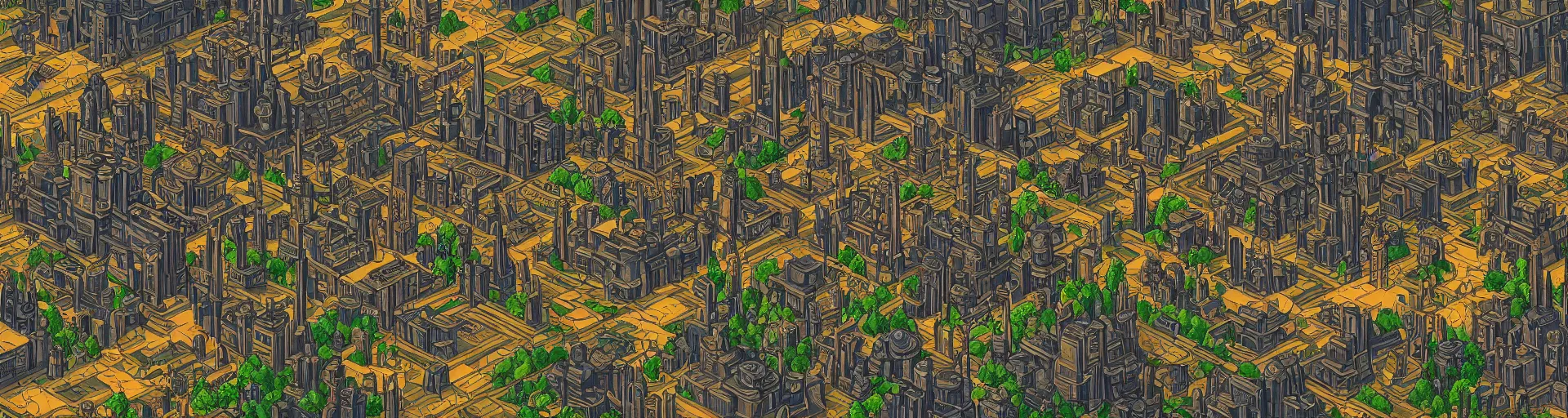 Prompt: a wide landscape shot of a dwarven city with retrofuturist art deco architecture, the city is marbled with forested parks, steampunk airships fly overhead