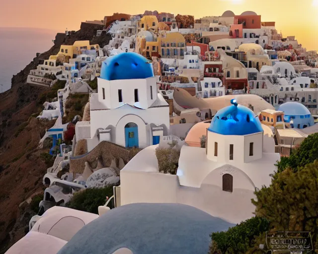 Image similar to a wholesome animation key shot of a Santorini greek city, overhead shot, wide shot, architecture, studio Ghibli, Pixar and Disney animation, sharp, very detailed, high resolution, inspired by Hayao Miyazaki, anime key art by Greg Rutkowski, Bloom, dramatic lighting