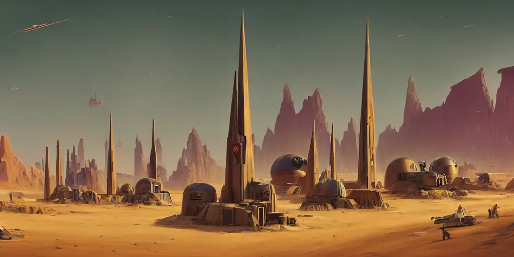 Prompt: tall spire military base surrounded by short city buildings and huts, sand dunes, desert planet, war, star wars, warhammer 4 0 k, retro futurism, art deco, simon stalenhag