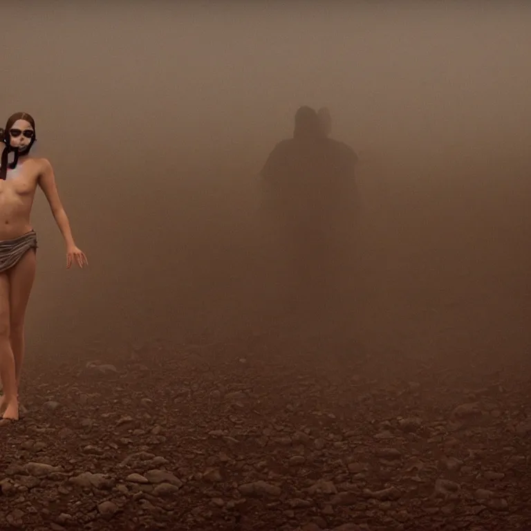 Image similar to The full body shot of beautiful pale woman with many flowers and full-face black mask inside a thick cloud black smoke in rocky desert landscape, glowing eyes, falling star on the horizon by Gaspar Noe, Alejandro Jodorowsky and Christopher Doyle, anamorphic lens, anamorphic lens flares, kodakchrome, cinematic composition, award winning photo, 8k