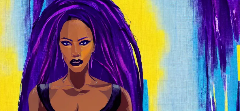 Image similar to portrait of a beautiful black woman, cyberpunk rio de janeiro background, brushstrokes, purple and blue, painterly, at night, corcovado dois irmaos at the background