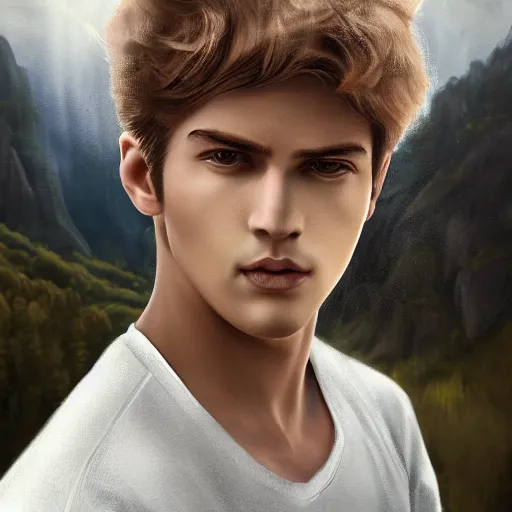 Image similar to a portrait of a young handsome prince, white fringy hair, epic beautiful landscape, backlit, incredible lighting, strong rim light, subsurface scattering, highly detailed, god rays, digital painting, HDRI, by Heise Jinyao, Heise-Lian Yan Fang, Feimo, Richard Taddei, vivid colors, high contrast, 8k resolution, intricate, photorealistic