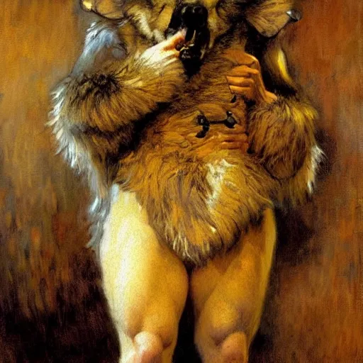 Image similar to a portrait of a furry wolf wearing clothes, hairy, furry body, furry chest, furry arms, furry legs, tail. highly detailed painting by gaston bussiere, craig mullins, j. c. leyendecker, furry