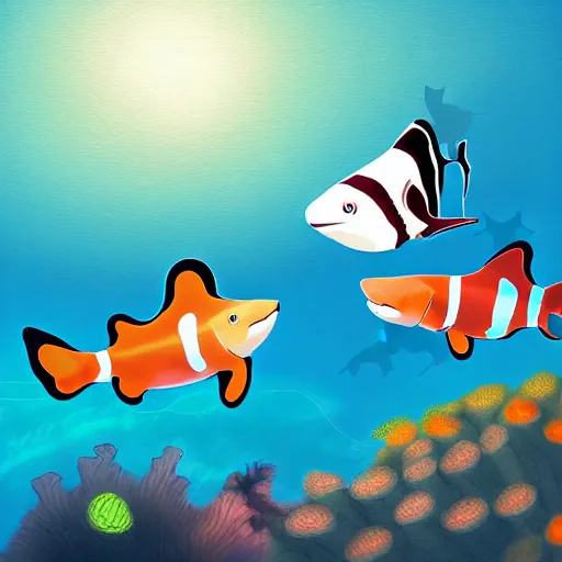 Prompt: a clownfish fighting a shark, digital art