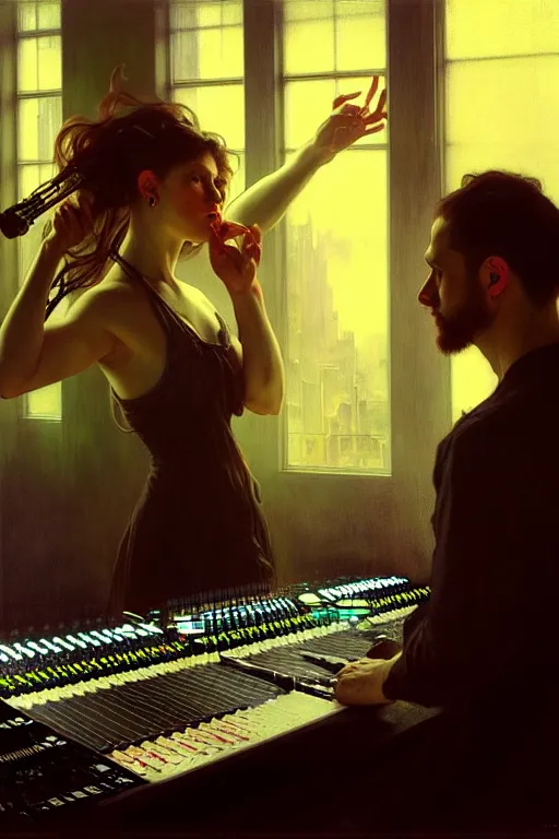 Image similar to hyperrealist portait of zu nd odyofilz mixing a music track at the office. by jeremy mann and alphonse mucha, fantasy art, photo realistic, dynamic lighting, artstation, poster, volumetric lighting, very detailed faces, 4 k, award winning