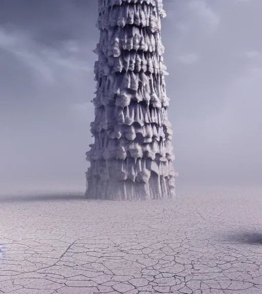 Prompt: surreal tower made of white crystalized aerial iridecent veins, inverted white roots in the floor, in the desert, foggy sky, dark night, octane render, unreal engine, pale colors, high detail, 8 k, wide angle, trending on artstation, behance