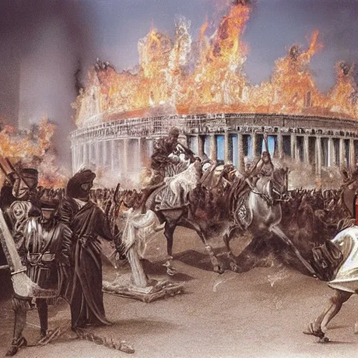 Image similar to Rome burning , realistic, old photo,