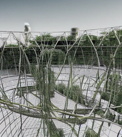 Image similar to hemp ropes in structure, former gasometer in rome, white sheets, trending on artstation, behance, octane render, award winning, archviz, matte painting, epic