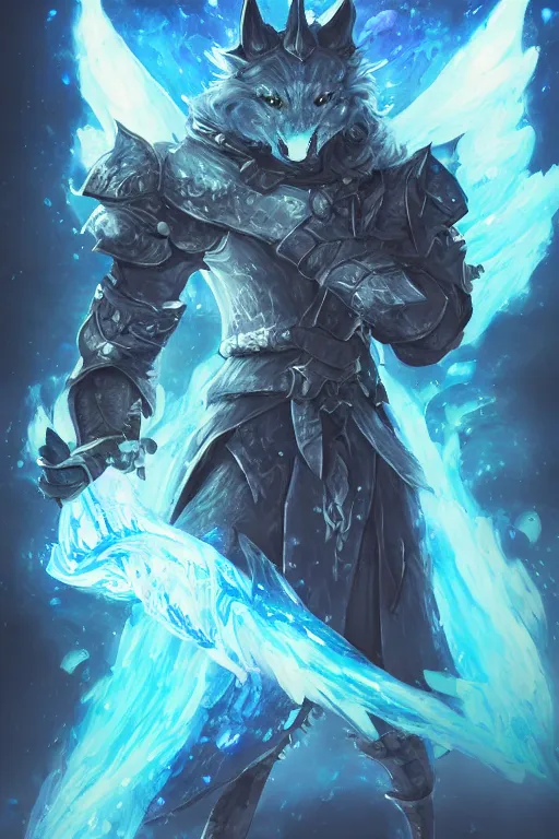 Image similar to anthropomorphic Azure wolf knight, DnD character art portrait, fantasy battleground, raining, blue flame, oil painting, heroic pose, magic the gathering artwork, D&D, fantasy, cinematic lighting, centered, symmetrical, highly detailed, digital painting, artstation, concept art, chromatic aberration, post processing, smooth, sharp focus, illustration, volumetric lighting, epic Composition, 8k, art, DeviantArt, trending on Artstation, Jason Felix, Steve Argyle, Tyler Jacobson, Peter Mohrbacher, Akihiko Yoshida, Greg Rutkowski, Craig Mullins, Frank Frazetta, cinematic lighting