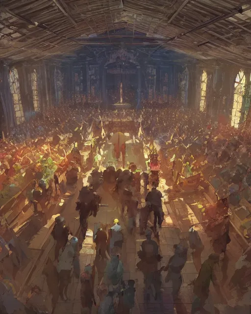 Image similar to craig mullins and ghibli digital matte art of a crowd in a futuristic church, strong lines, priest, pews, inviting, unreal engine, hyper realism, realistic shading, cinematic composition, realistic render, octane render, detailed textures, photorealistic, wide shot