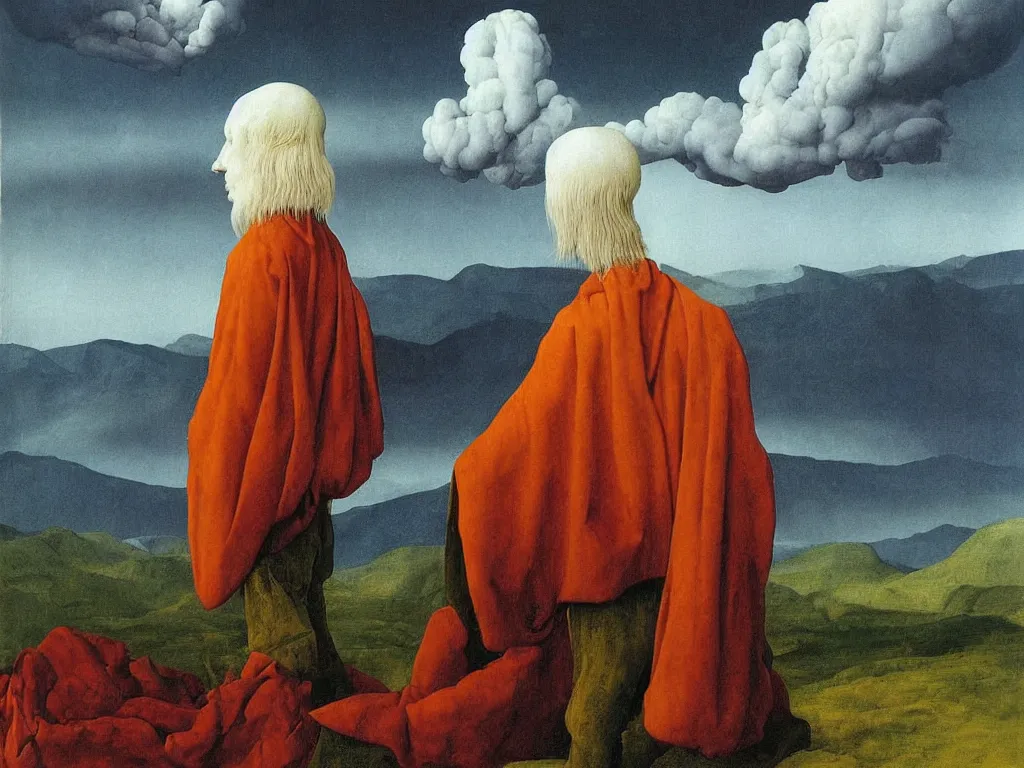 Image similar to albino mystic, with his back turned, looking at a storm over over the mountains in the distance, with strange hallucination, optical illusion. Painting by Jan van Eyck, Audubon, Rene Magritte, Agnes Pelton, Max Ernst, Walton Ford