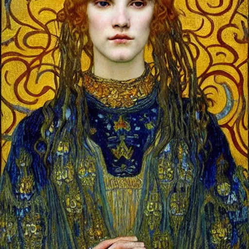 Image similar to detailed realistic beautiful young medieval queen face portrait by jean delville, gustav klimt and vincent van gogh, art nouveau, symbolist, visionary, gothic, pre - raphaelite