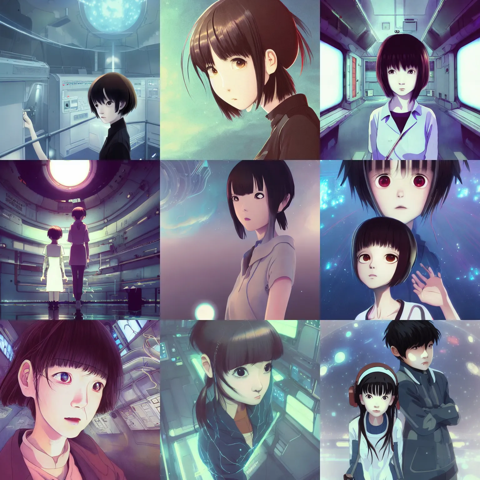 Prompt: Lain Iwakura, serial experiment lain, space stations surroudned by wire, by Anna Dittmann and Ilya Kuvshinov and studio ghibli and WLOP and Rossdraws, digital art, surreal, trending on artstation, anime arts, featured on Pixiv, blue lighting, HD, 8K, highly detailed, good lighting, beautiful, epic, masterpiece
