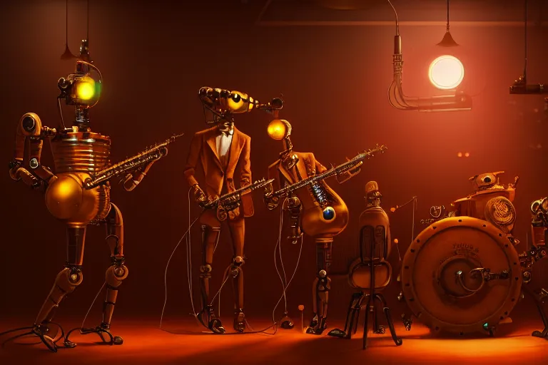 Image similar to 3 steampunk robot jazz musicians playing at a night club, focus on the musicians, cinematic lighting, exaggerated detailed, unreal engine, octane render, trending on artstation, art by greg rutkowski, 4 k