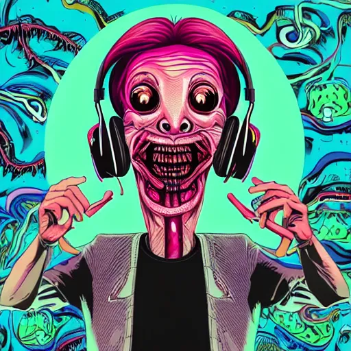 Image similar to artgerm, psychedelic laughing cronenberg friendly looking horror creature, rocking out, headphones dj rave, digital artwork, r. crumb, svg vector