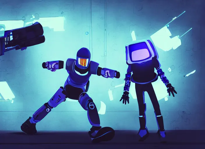 Image similar to g girl in blue hoodie jumping away from mech robot, animatic, high quality, cyberpunk