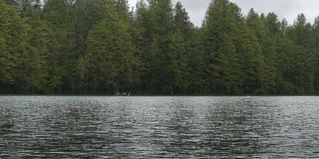 Prompt: symmetrical photograph of an infinitely long rope floating on the surface of the water, the rope is snaking from the foreground stretching out towards the center of the lake, a dark lake on a cloudy day, trees in the background, anamorphic lens