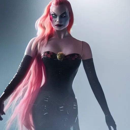 Image similar to Margot Robbie as real-life Jinx from Arcane, league of legends, cinematic, Wide-shot, atmospheric fog and lighting, directed by Michael Bay, extreme detail, 8K, movie still