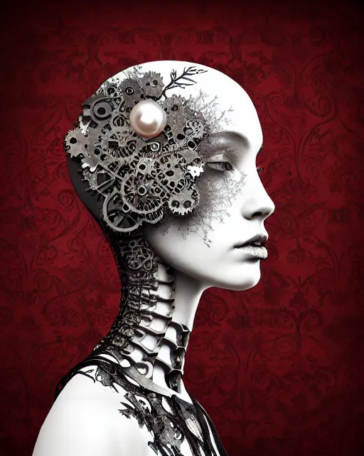 Image similar to monochrome profile portrait painting, dutch masters, silver lace floral steampunk biomechanical beautiful young female cyborg with one techno eye, monocular, volumetric light, leaves foliage and stems, hibiscus flowers, alexander mcqueen, rim light, big gothic fashion pearl embroidered collar, 8 k