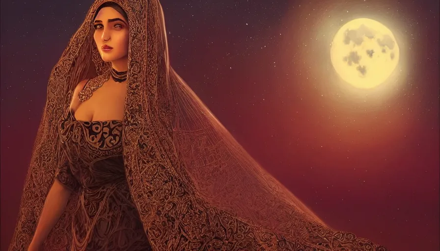 Image similar to Portrait of very very very very very very beautiful Arab woman wearing a Niqab, glowing magical eyes, energy trails, under giant full moon in the desert, intricate, elegant, highly detailed, digital painting, artstation, concept art, smooth, sharp focus, illustration, art by artgerm and greg rutkowski and alphonse mucha