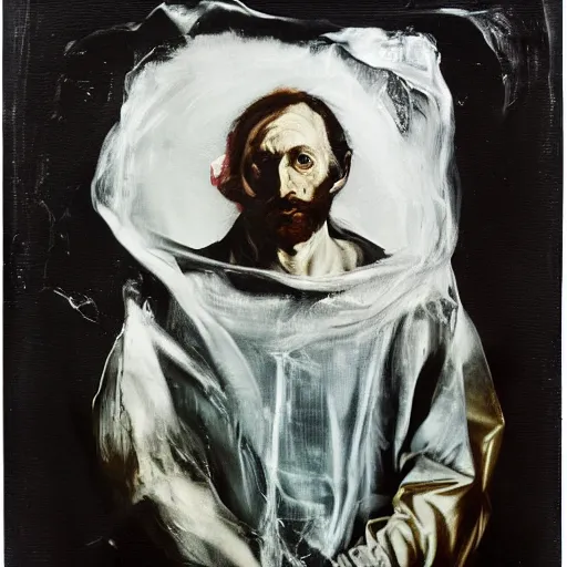 Image similar to portrait of medici emerging from the dark void, lonely figure in the darkness, soft lighting, painted by Adrian Ghenie El Greco, painted by Lucian Freud, polaroid, Renaissance, John Singer Sargant, glitch,--height 768