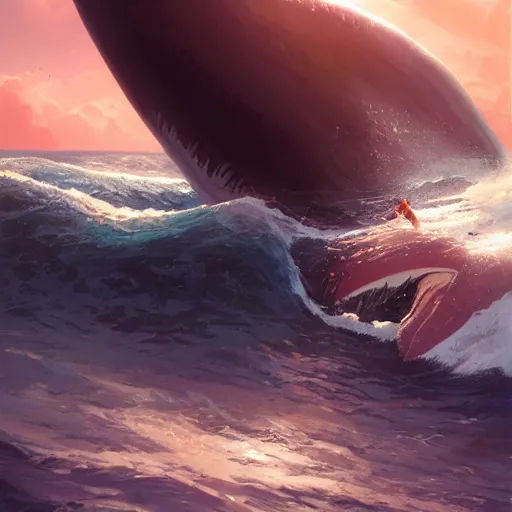 Prompt: close up of a beautiful girl on the horizon, looking at camera, model pose, slightly smiling, big wave, big whale fighting against sharks on the background, by peter mohrbacher and makoto shinkai and ferdinand knab