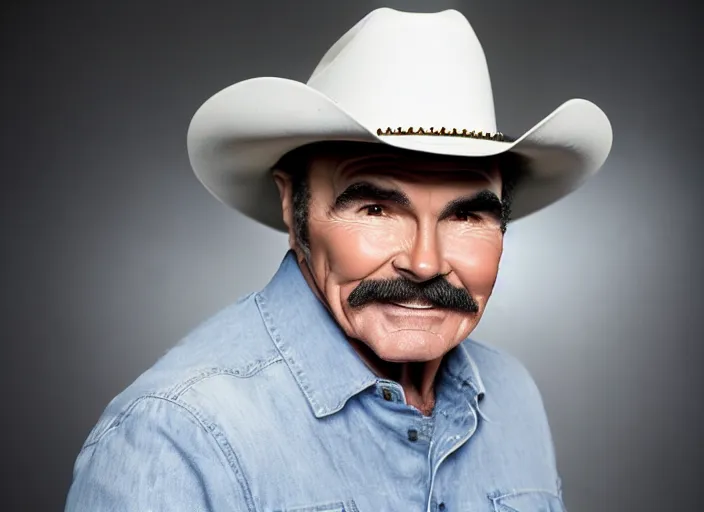 Prompt: studio portrait photo still of 3 0 year old burt reynolds!!!!!!!! at age 3 0 3 0 years old 3 0 years of age!!!!!!! wearing a cowboy hat holding a bucket of fried chicken, 8 k, 8 5 mm f 1. 8, studio lighting, rim light, right side key light