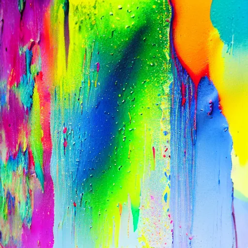 Prompt: flecks of paint lush & immense density long strands of drips in all directions splatters of mixed pigments with solid color inside.