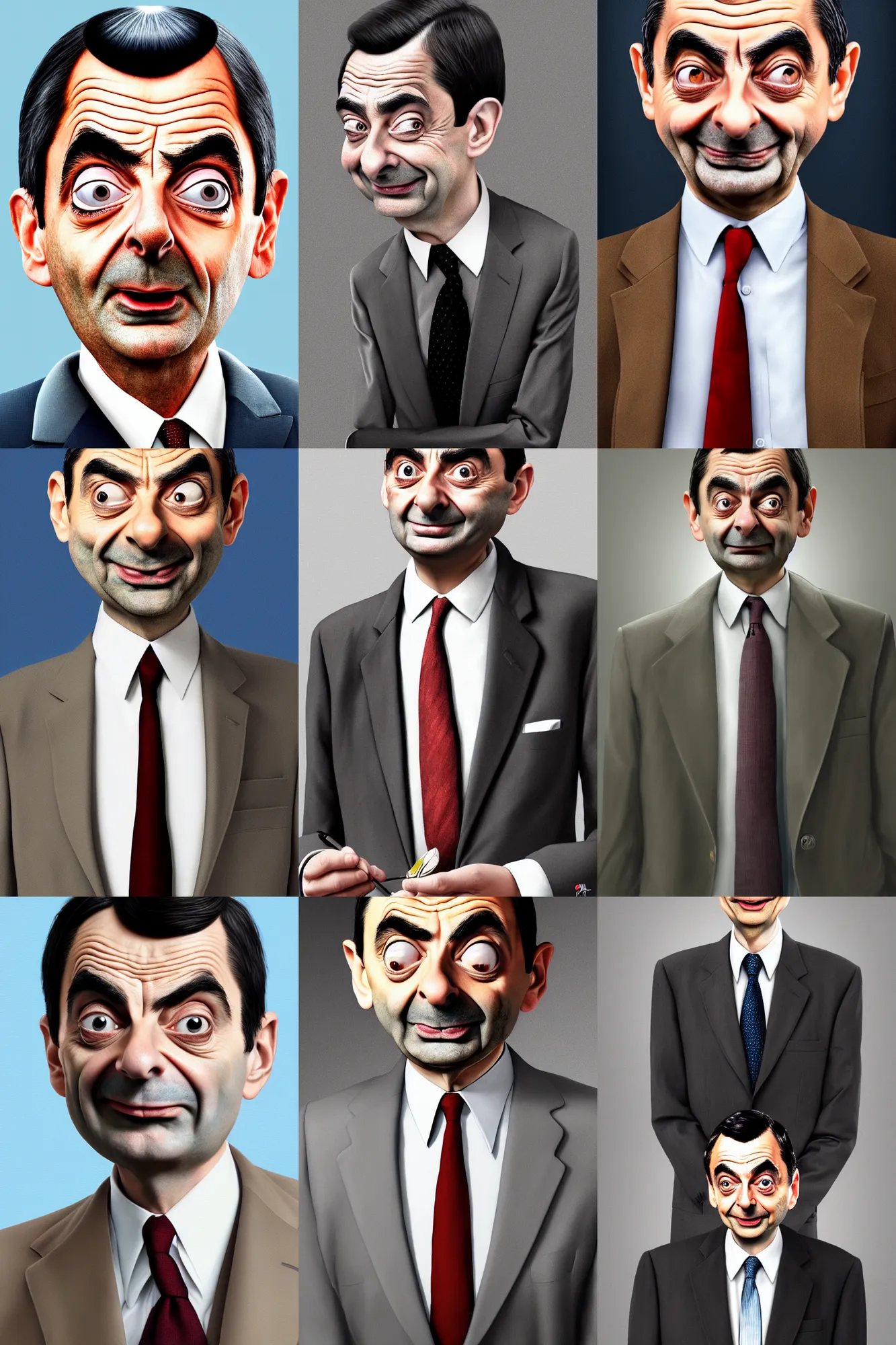 Prompt: a beautiful portrait of Mr. Bean Mr. bean Mr. Bean in a suit, hyper realistic, digital art, 4k, detailed