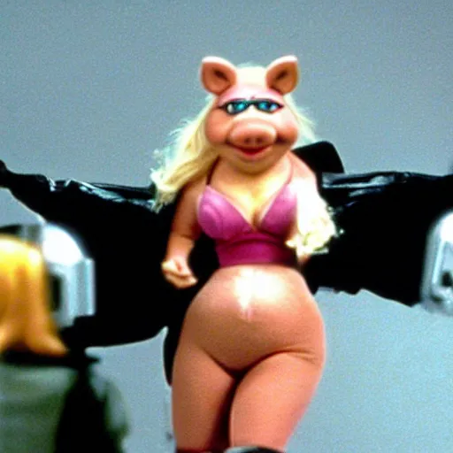 Prompt: Miss Piggy as Trinity in The Matrix (1999) action bullet time, leather outfit, explosions scene from movie