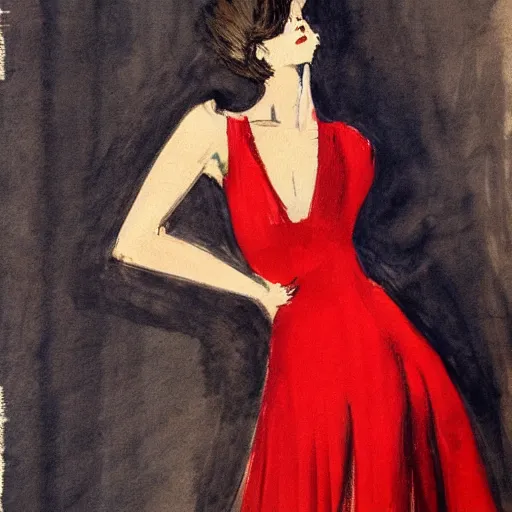 Prompt: a saturday post illustration of a french fashion model posing in a red dress by coby whitmore